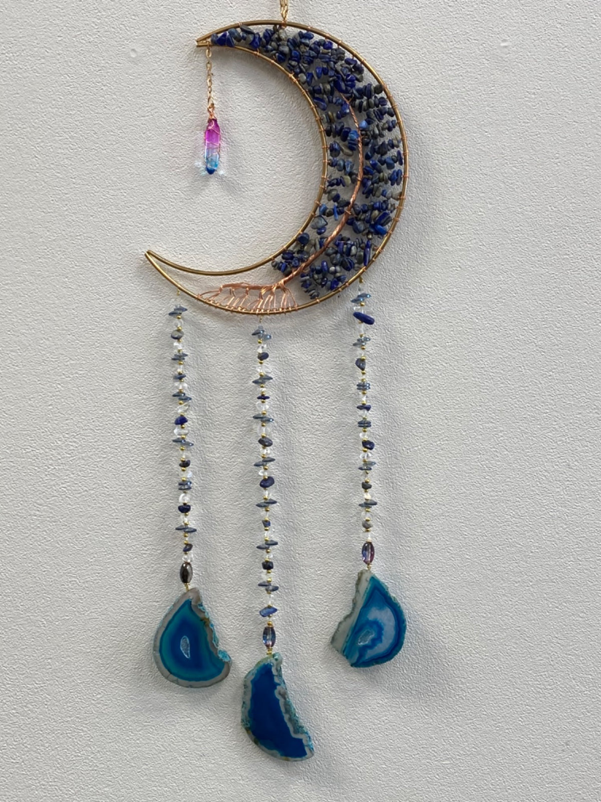 Lapis Lazuli Crystal Moon Hanger with Blue Agate Slices