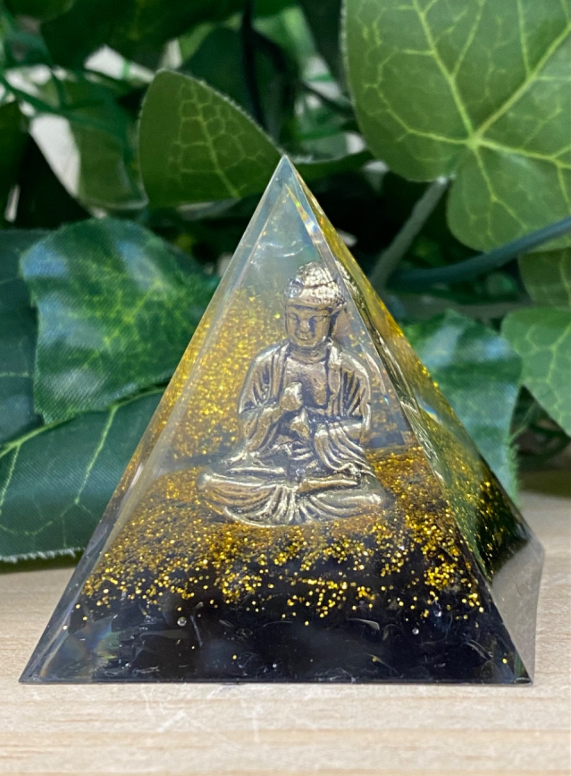Obsidian Golden Buddha Statue Crystal Pyramid