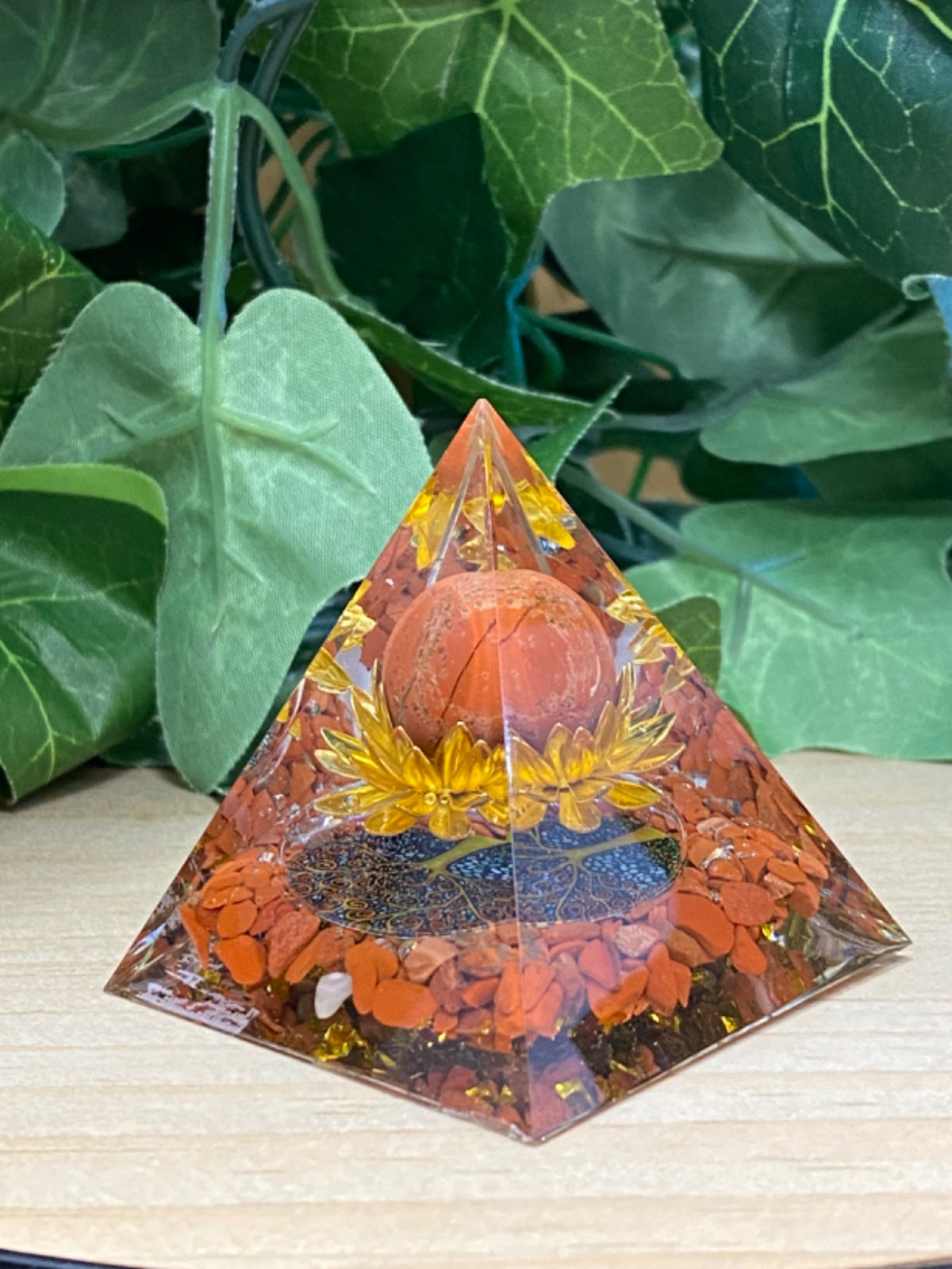 Red Jasper Crystal Pyramid with Orb and Golden Lotus
