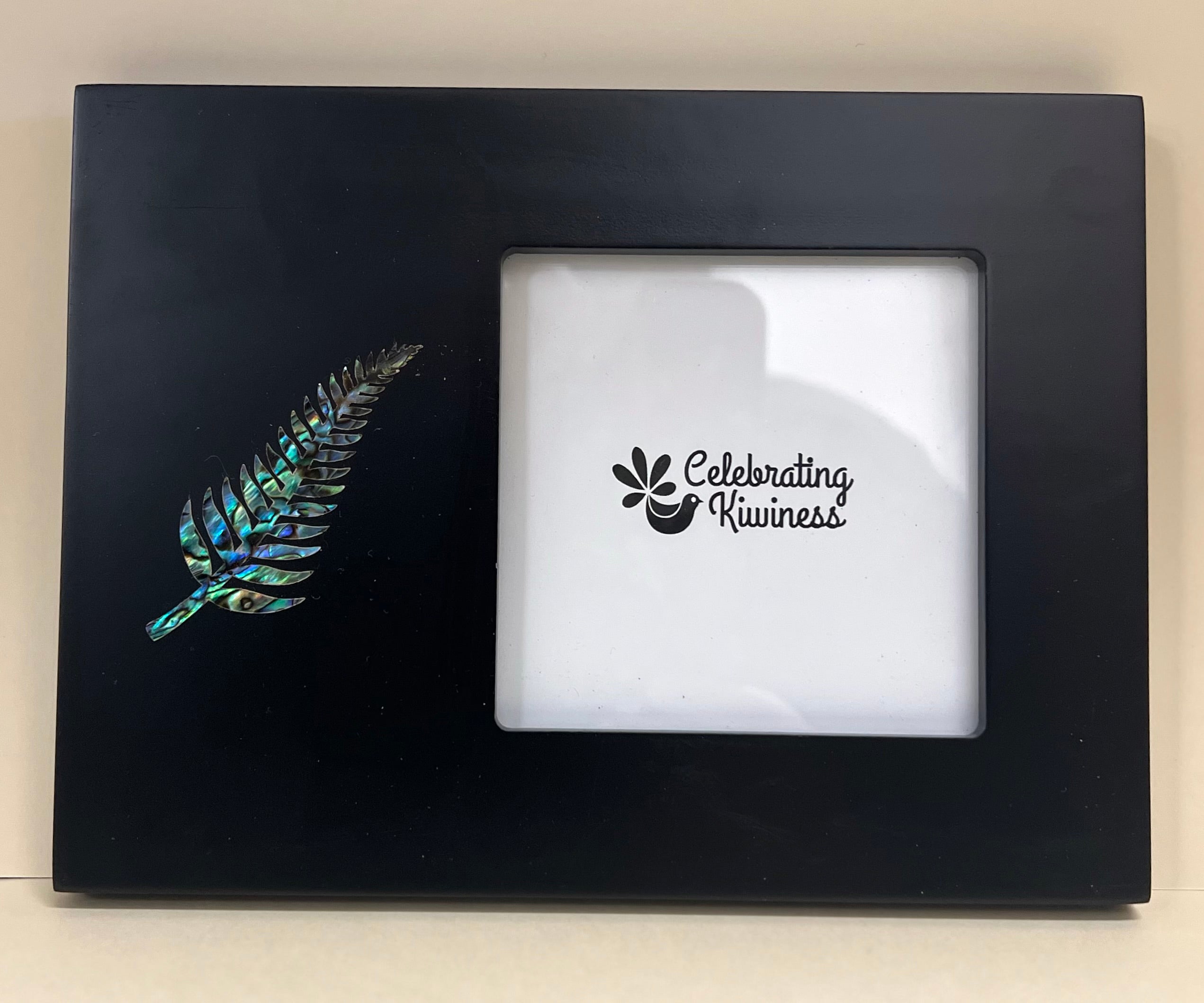 Medium Pāua Shell Silver Fern Photo Frame Black Kiwiana