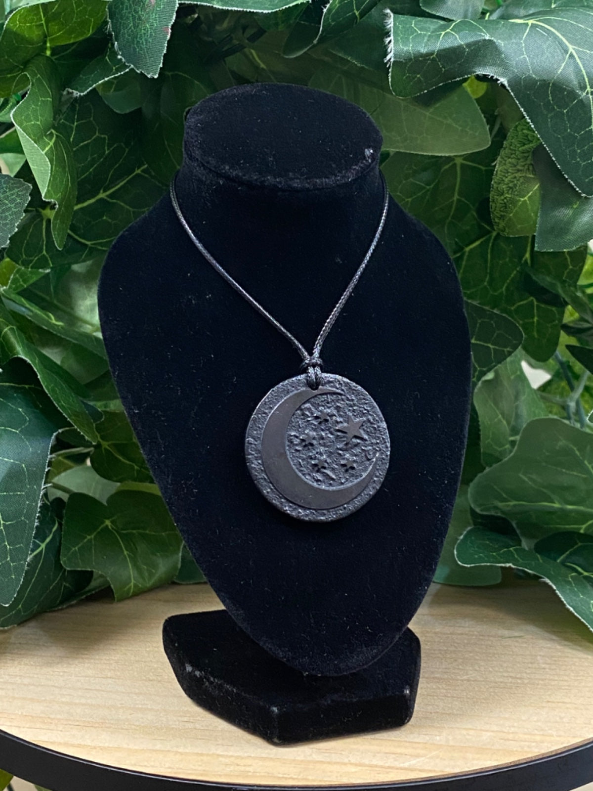Shungite Moon and Stars Disc Necklace on Black Cord