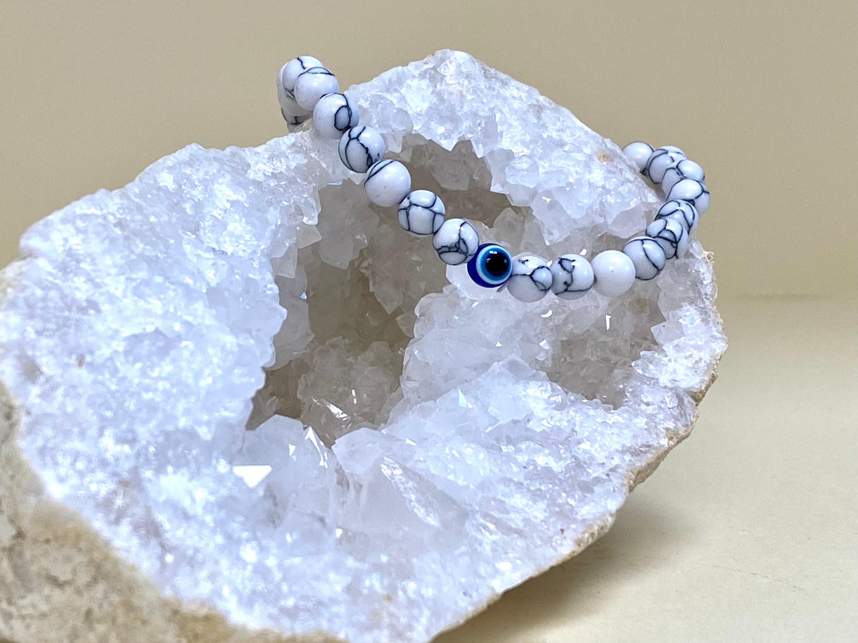White Turquoise Evil Eye 6mm Bead Bracelet