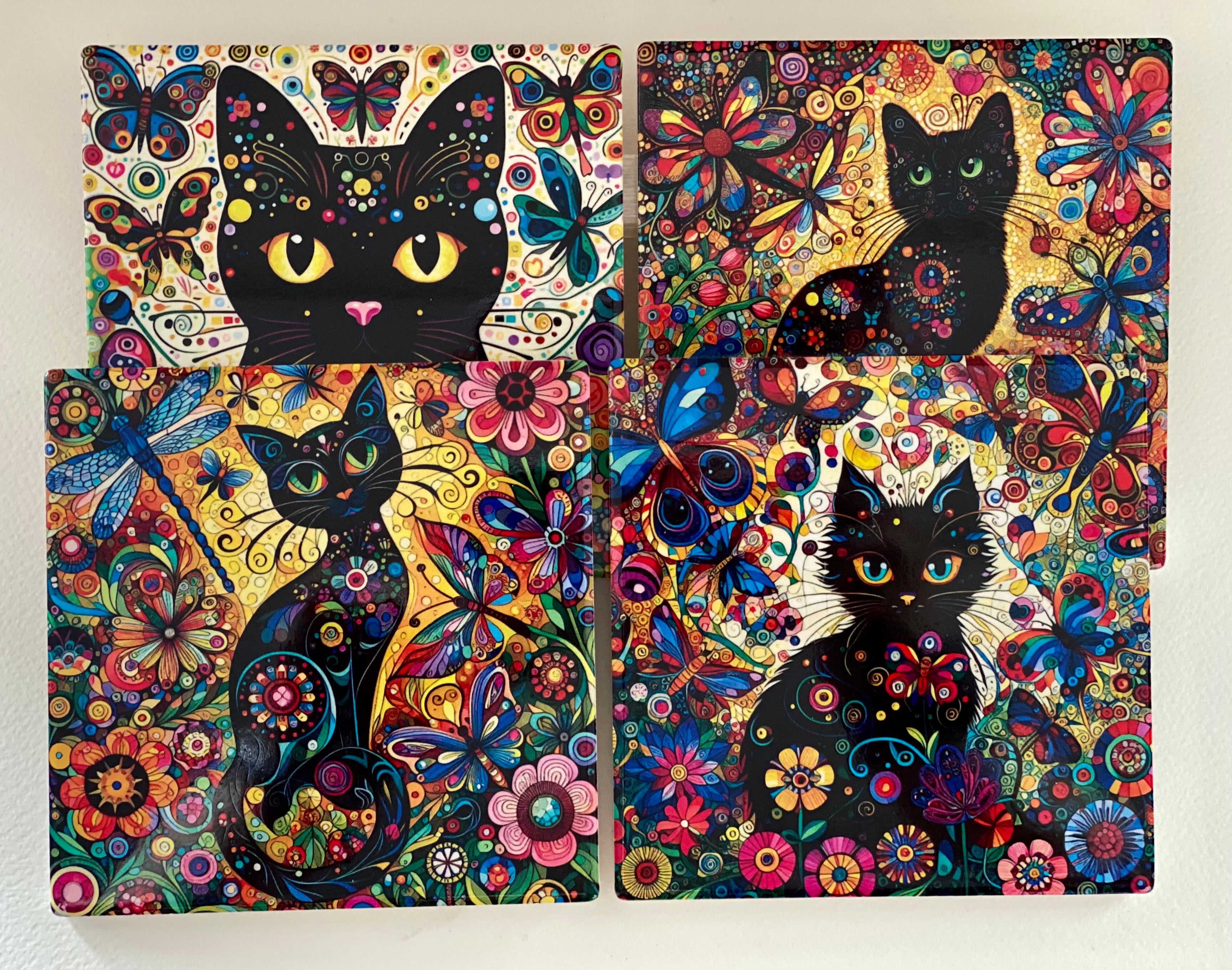 Floral Cat Ceramic Coasters set of 4