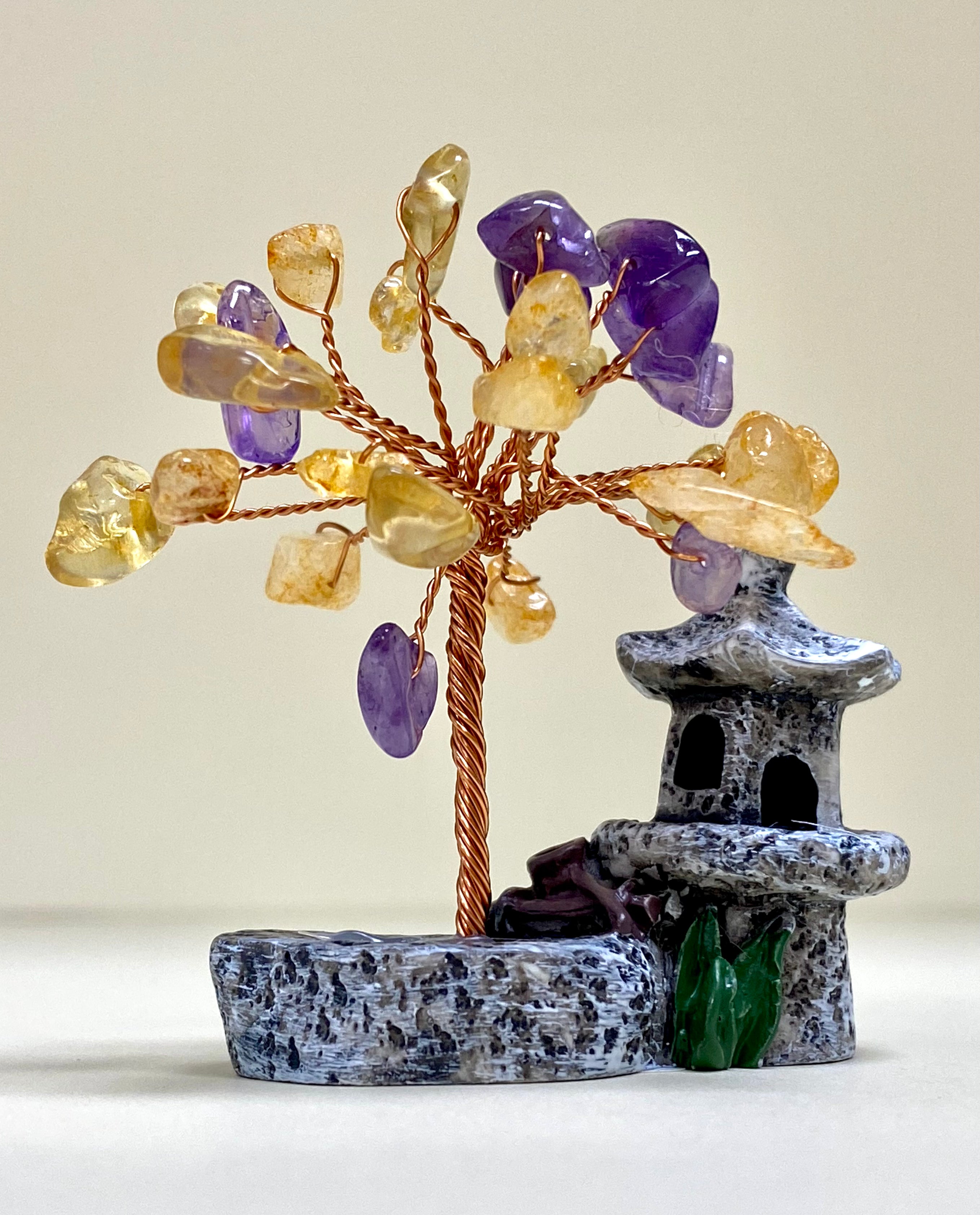 Citrine and Amethyst Mixed Crystal Tree with Stone Temple