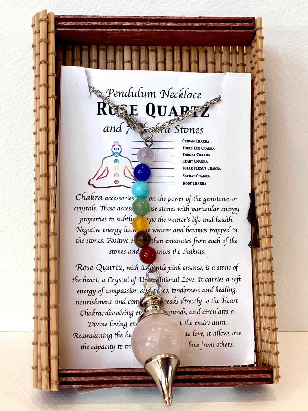 Rose Quartz Pendulum Necklace with info card in box (with chakara beads)
