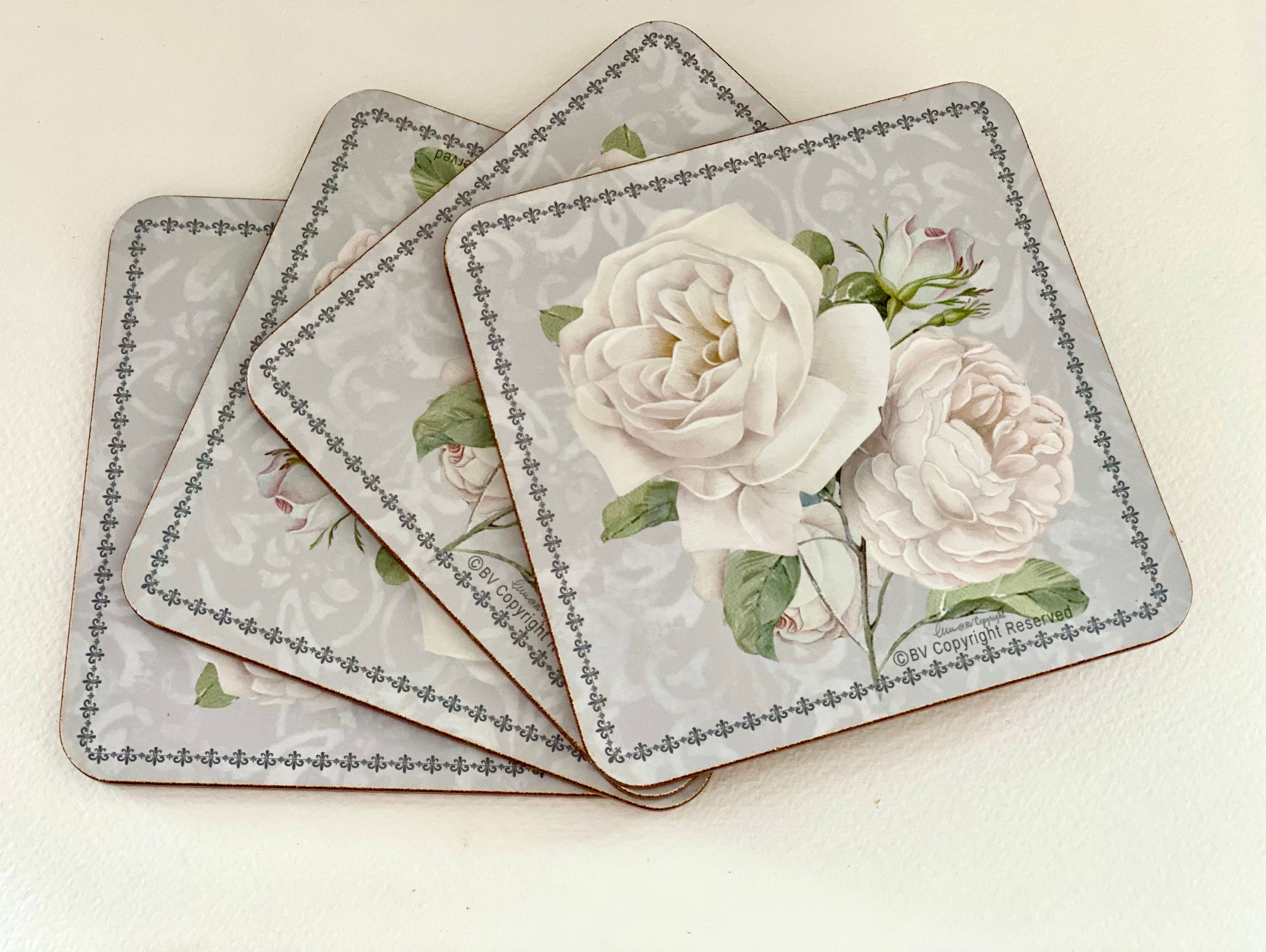 White Rose Coaster Set of 4
