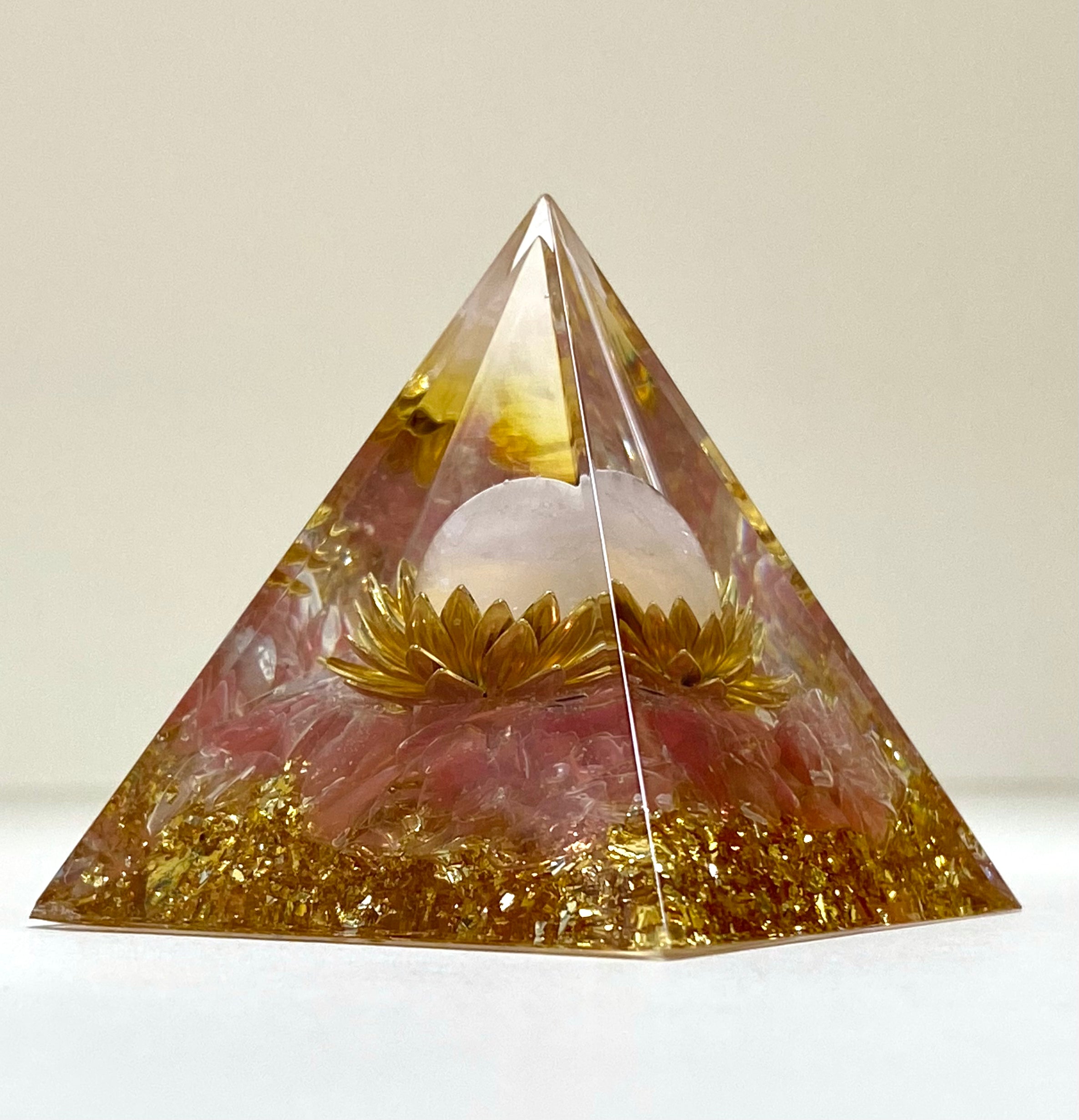 Rose Quartz Pyramid with Clear Quartz Sphere Centre