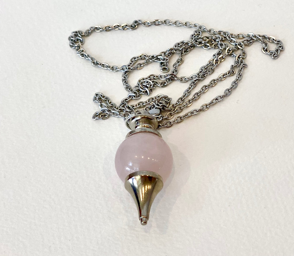 Rose Quartz Pendulum Necklace with info card in box
