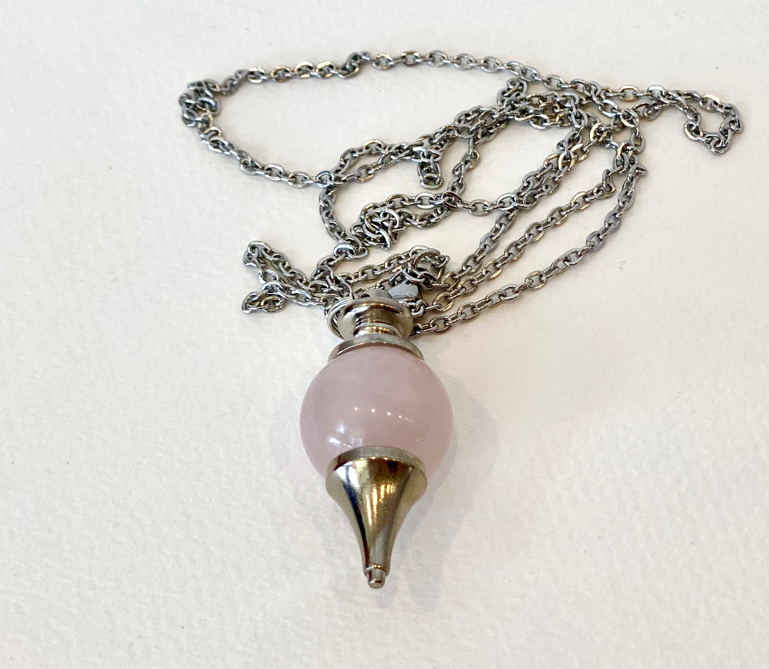 Rose Quartz Pendulum Necklace with info card in box