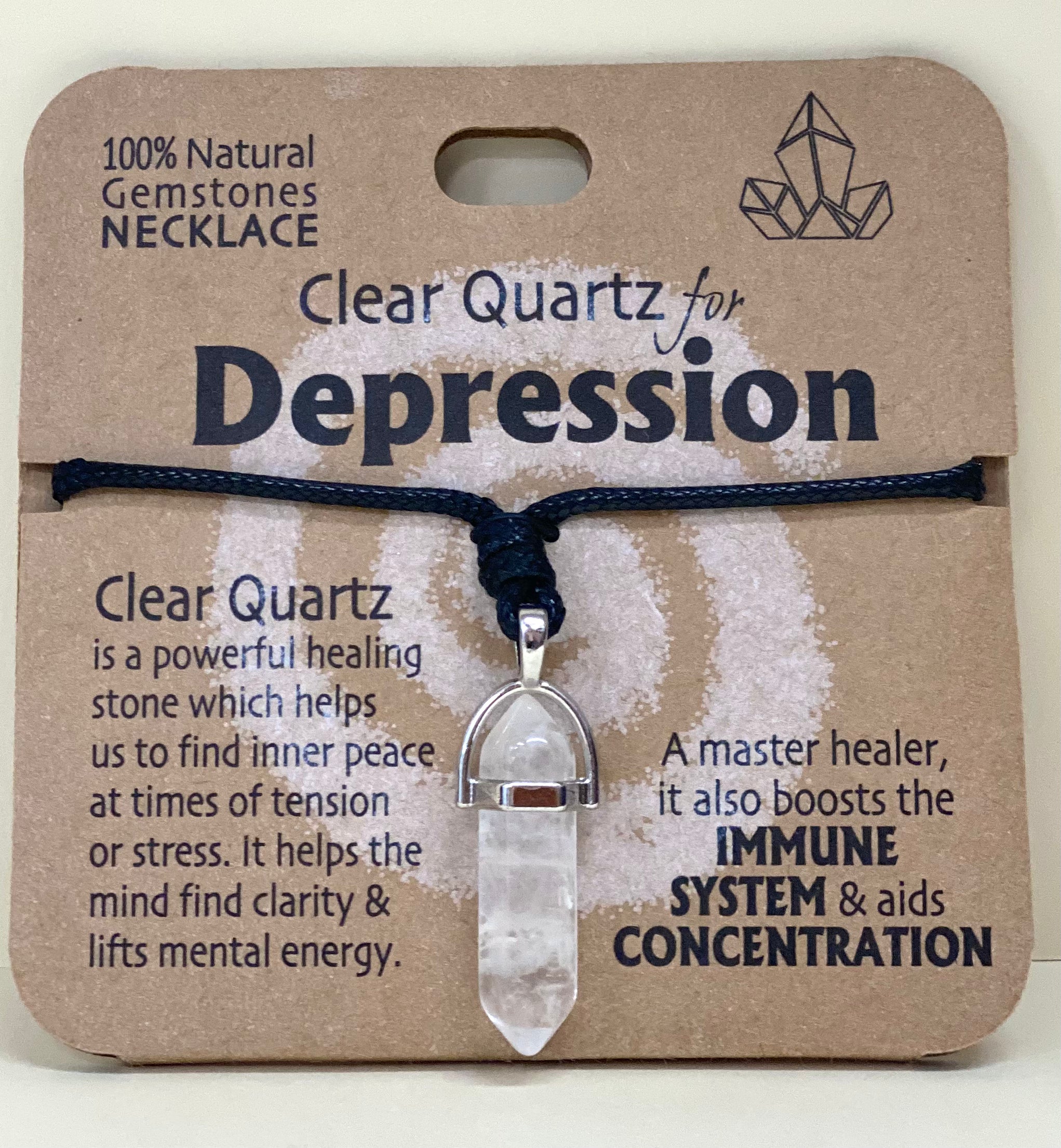 Depression Clear Quartz Necklace on Info Card