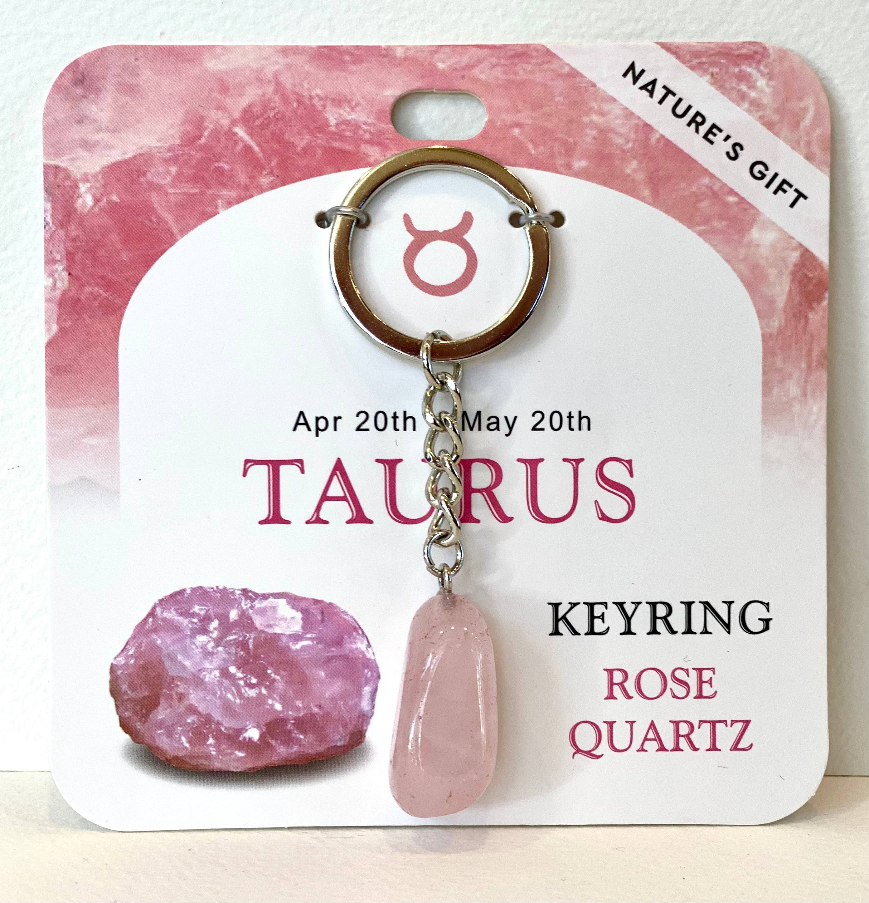 Natures Gift Jewelry Zodiac Keychain (Taurus, Rose Quartz, Apr 20 - May 20)
