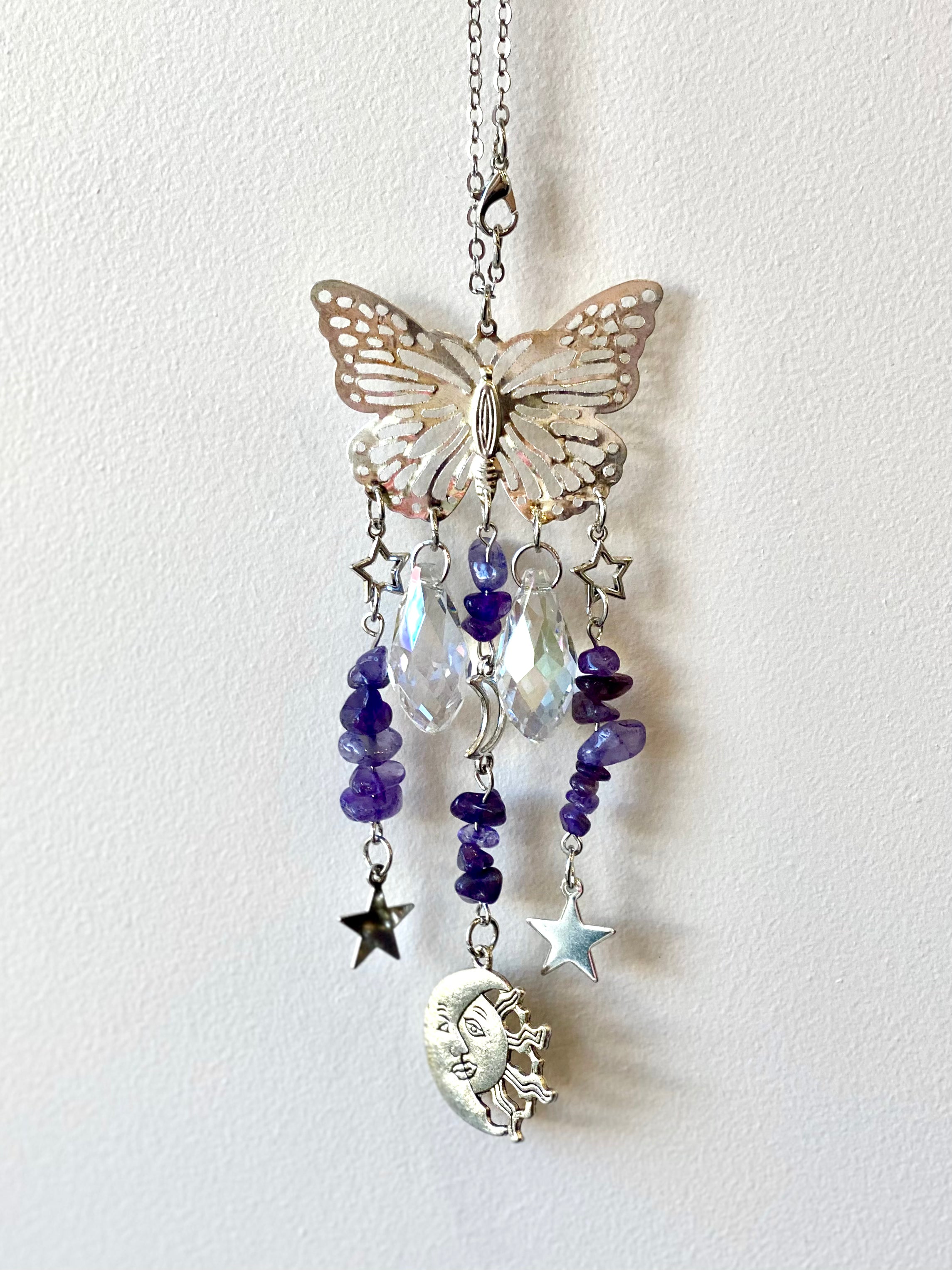 Butterfly sun catcher amethyst with sun/moon