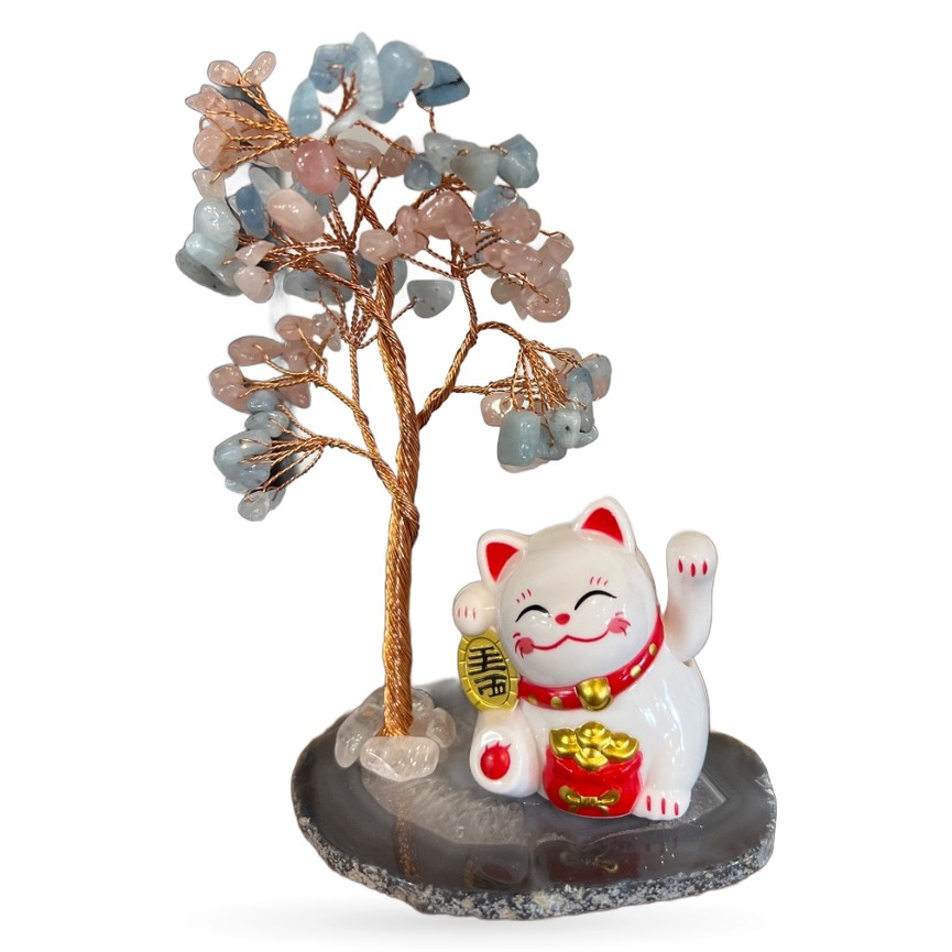 Rose Quartz & Aquamarine Money Tree Lucky Cat on Agate Slice