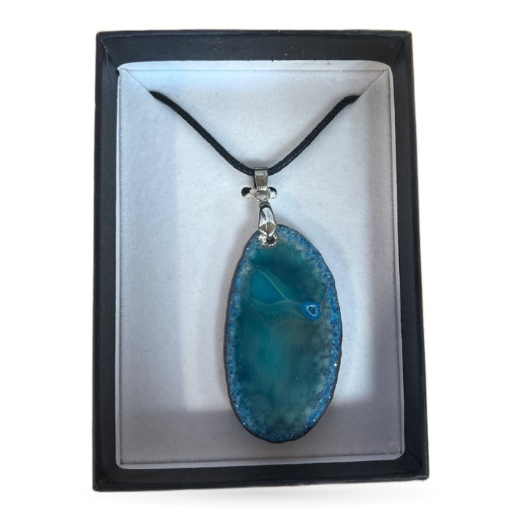 Agate Pendant with Silver Trim Necklace