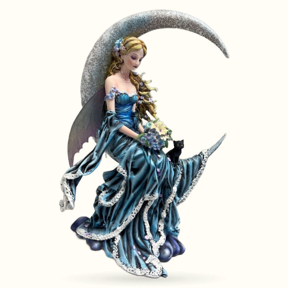 Wind Moon Fairy (on crescent with flowers and black cat by nene thomas)
