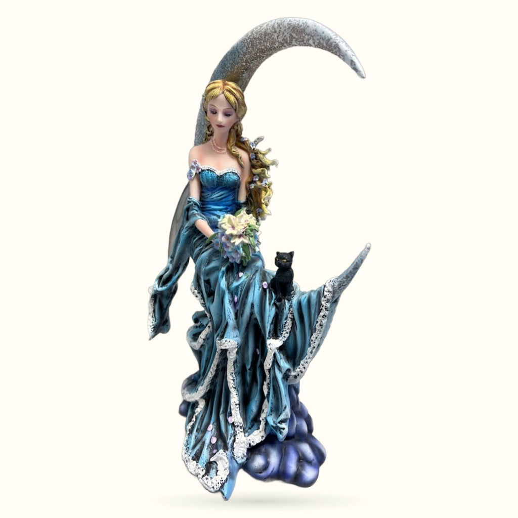 Wind Moon Fairy (on crescent with flowers and black cat by nene thomas)