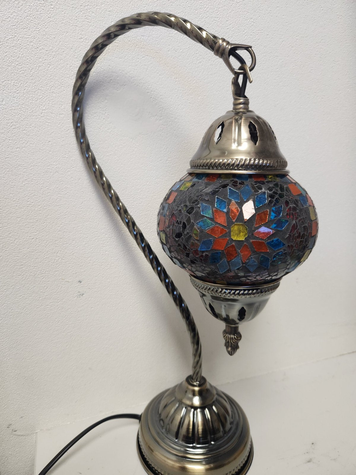 Turkish mosaic lamp with multicoloured glass globe on curved brass stand