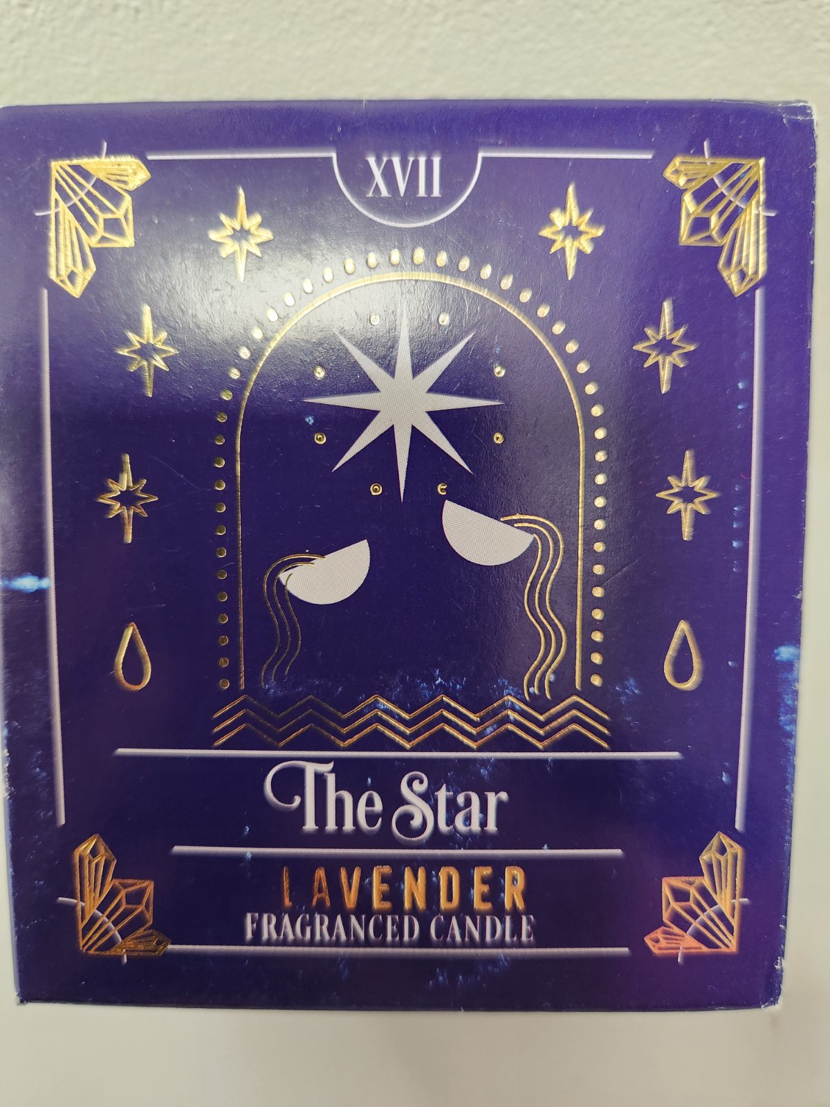 The Star tarot card lavender fragranced candle with purple box, gold foil design and celestial imagery