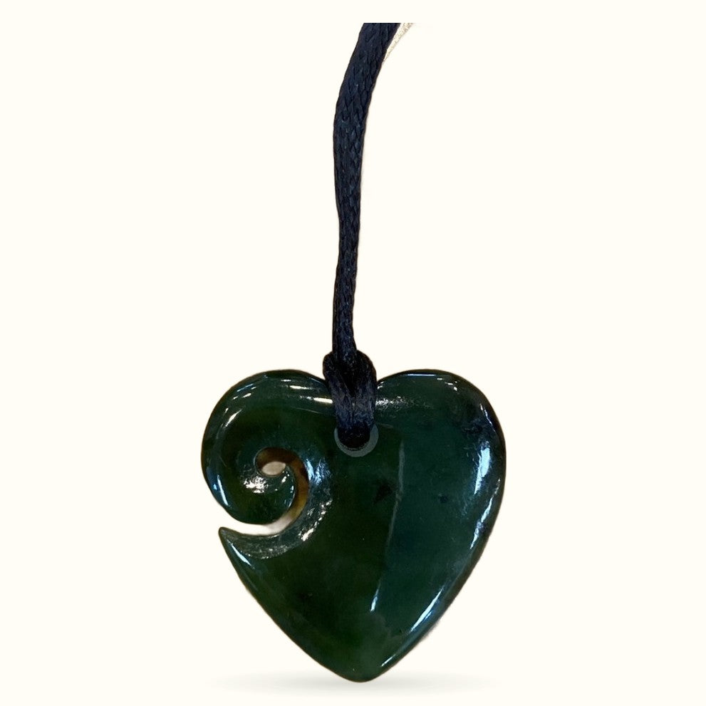 NZ Greenstone Heart Koru Necklace with Koru Carve 28mm