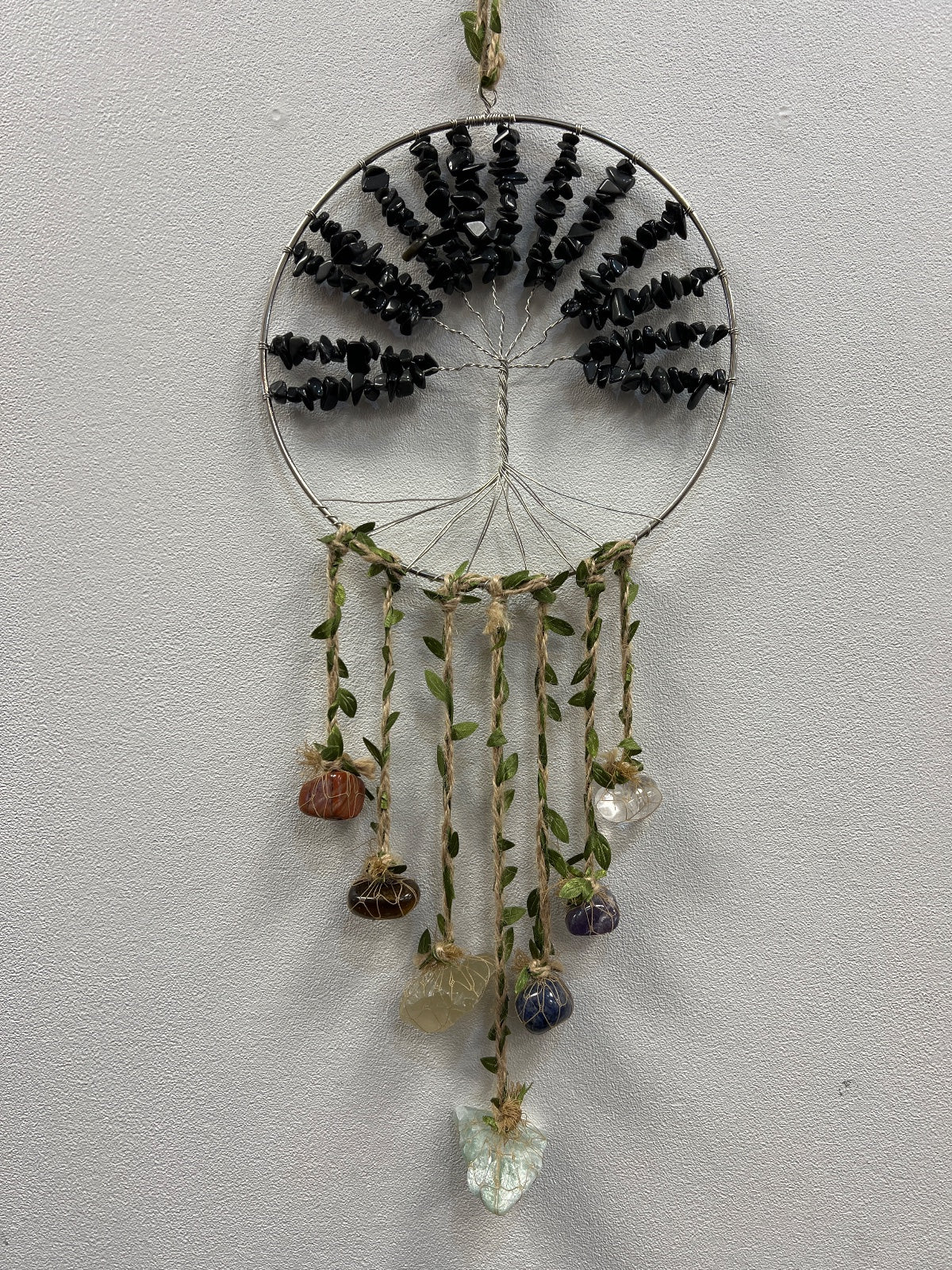 Onyx Crystal Tree of Life suncatcher with black beaded branches, wire frame, and colorful gemstone pendants hanging below