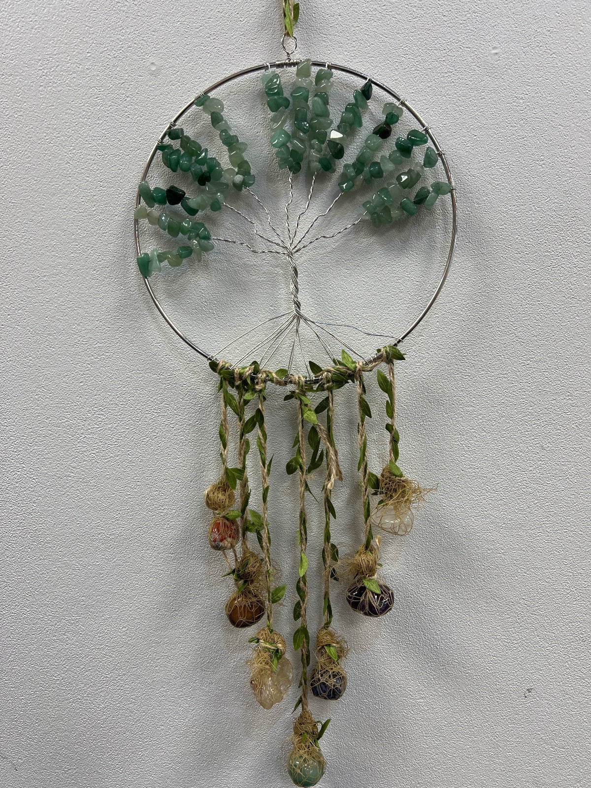 Green aventurine crystal tree of life suncatcher with wire-wrapped beads and hanging strands