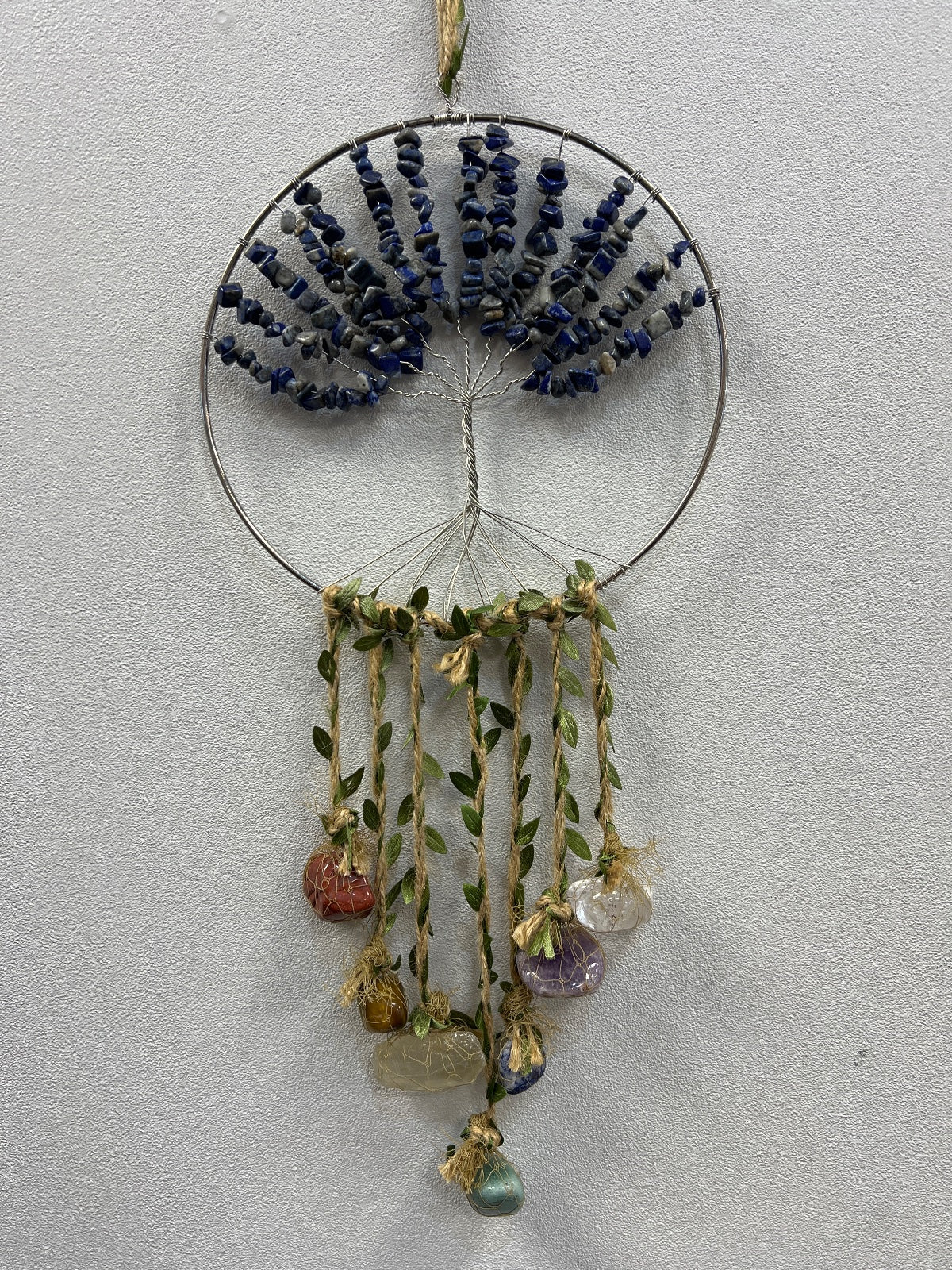 Sodalite Crystal Tree of Life suncatcher with dark blue beads, wire branches, and hanging gemstone pendants