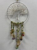 Clear Quartz Crystal Tree of Life Suncatcher with wire-wrapped gemstone leaves and colorful crystal pendants