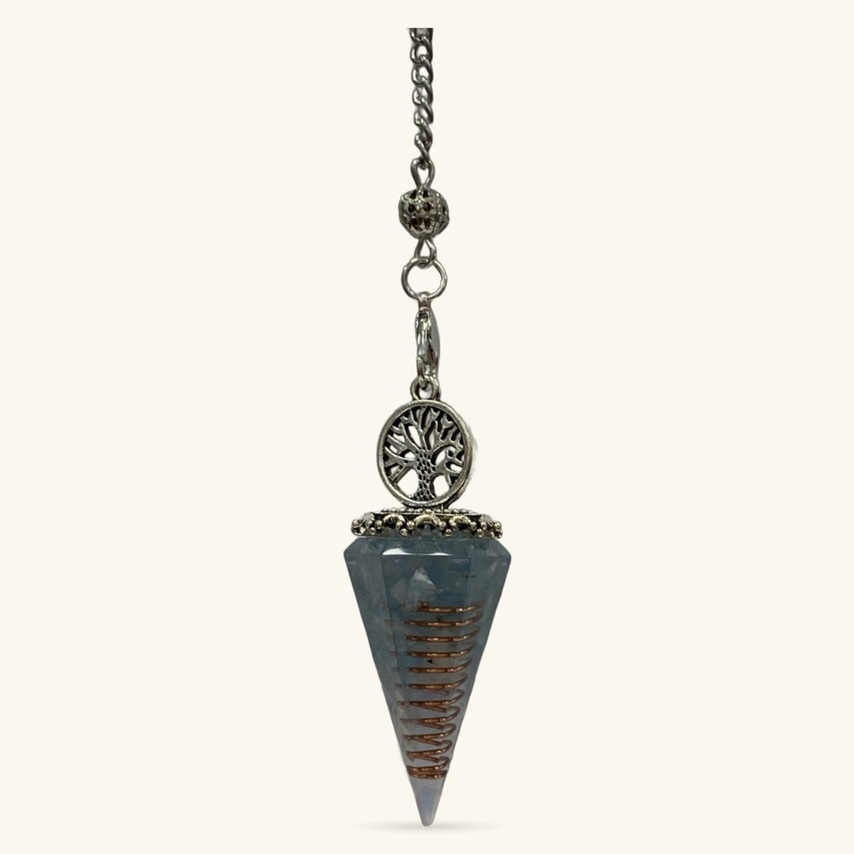 Aquamarine Pendulum with Tree of Life and Copper Spiral