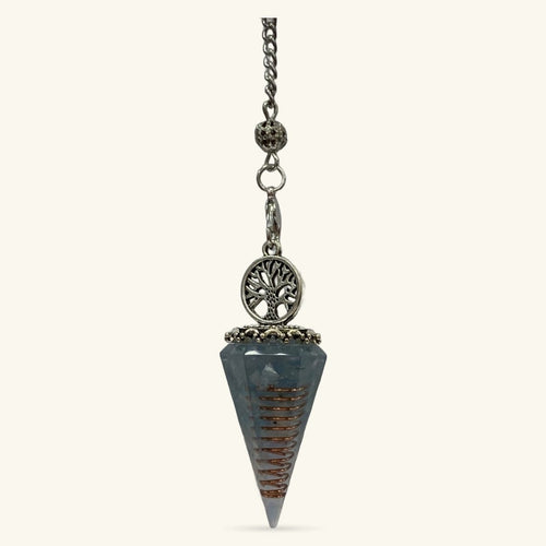 Aquamarine Pendulum with Tree of Life and Copper Spiral
