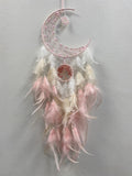 Pink and white beaded moon dreamcatcher with tree of life pendant and feathers