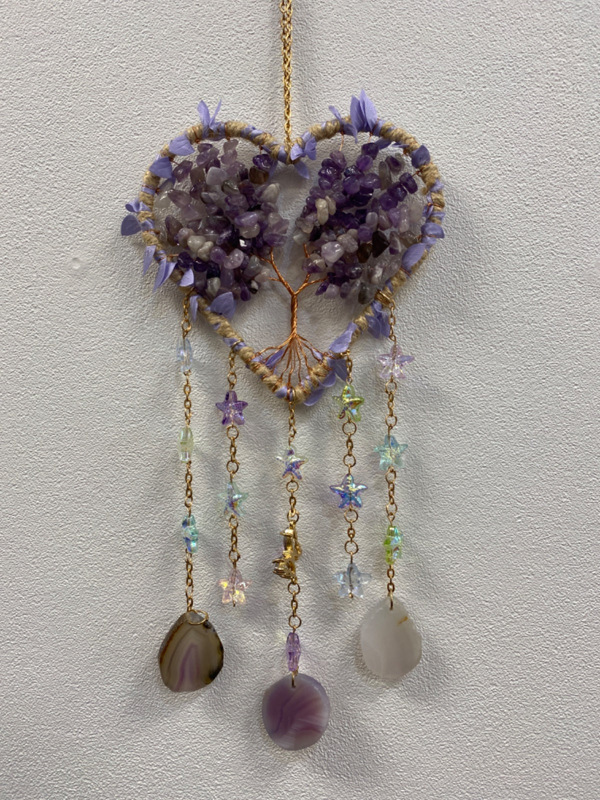 Amethyst heart chip suncatcher with gold wire wrapping, decorative beads, and five hanging chains with gemstone pendants