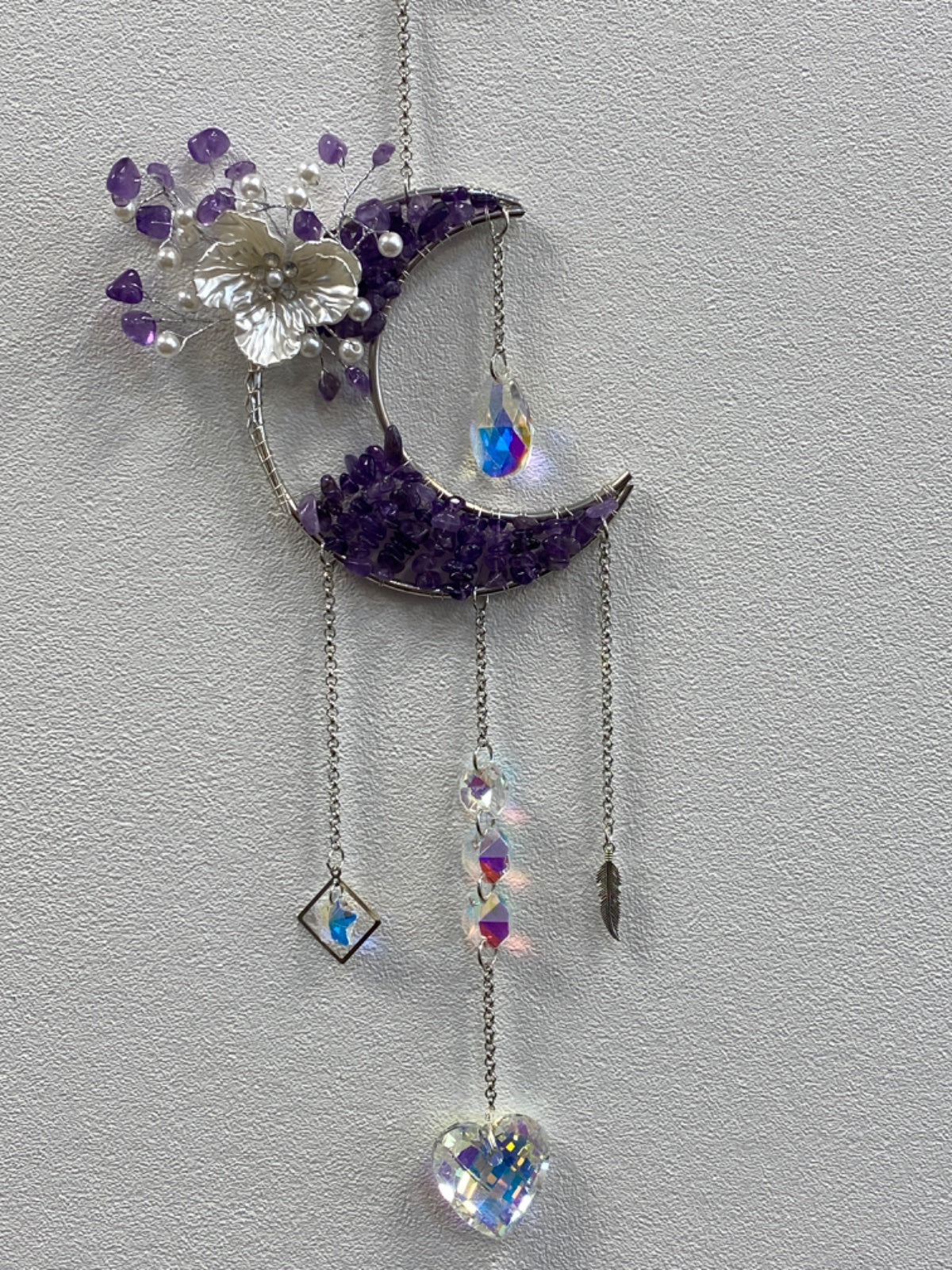 Amethyst chip crescent moon with wire-wrapped flower and cascading crystal sun catchers