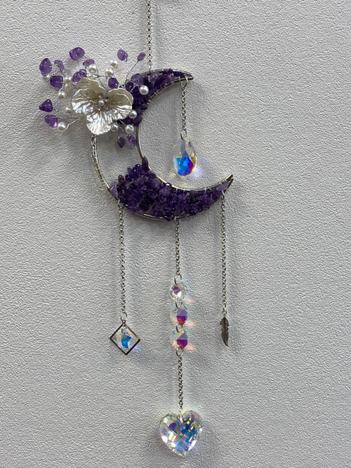 Amethyst chip crescent moon with wire-wrapped flower and cascading crystal sun catchers