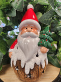 Hand-painted ceramic Santa ornament with red hat, white beard, holding a small green Christmas tree, on wooden base.