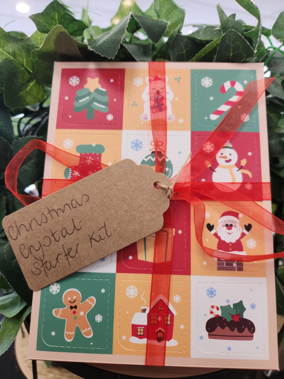 Christmas Crystal Starter Kit wrapped in festive paper with holiday illustrations, tied with red ribbon and kraft tag
