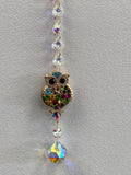 Decorative owl window hanger with multicoloured rhinestone owl pendant and faceted crystal beads on brass chain
