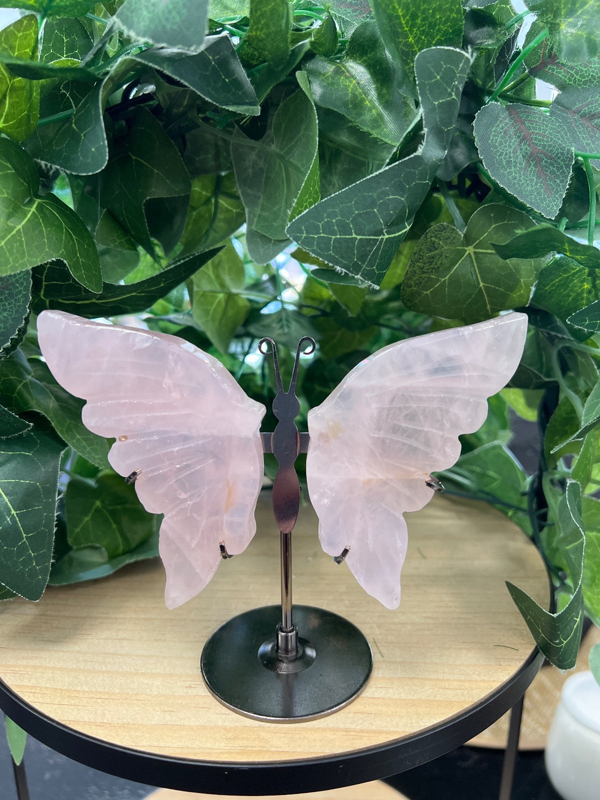 Rose quartz crystal butterfly with translucent pale pink wings and black metal body on a display stand, surrounded by green foliage.