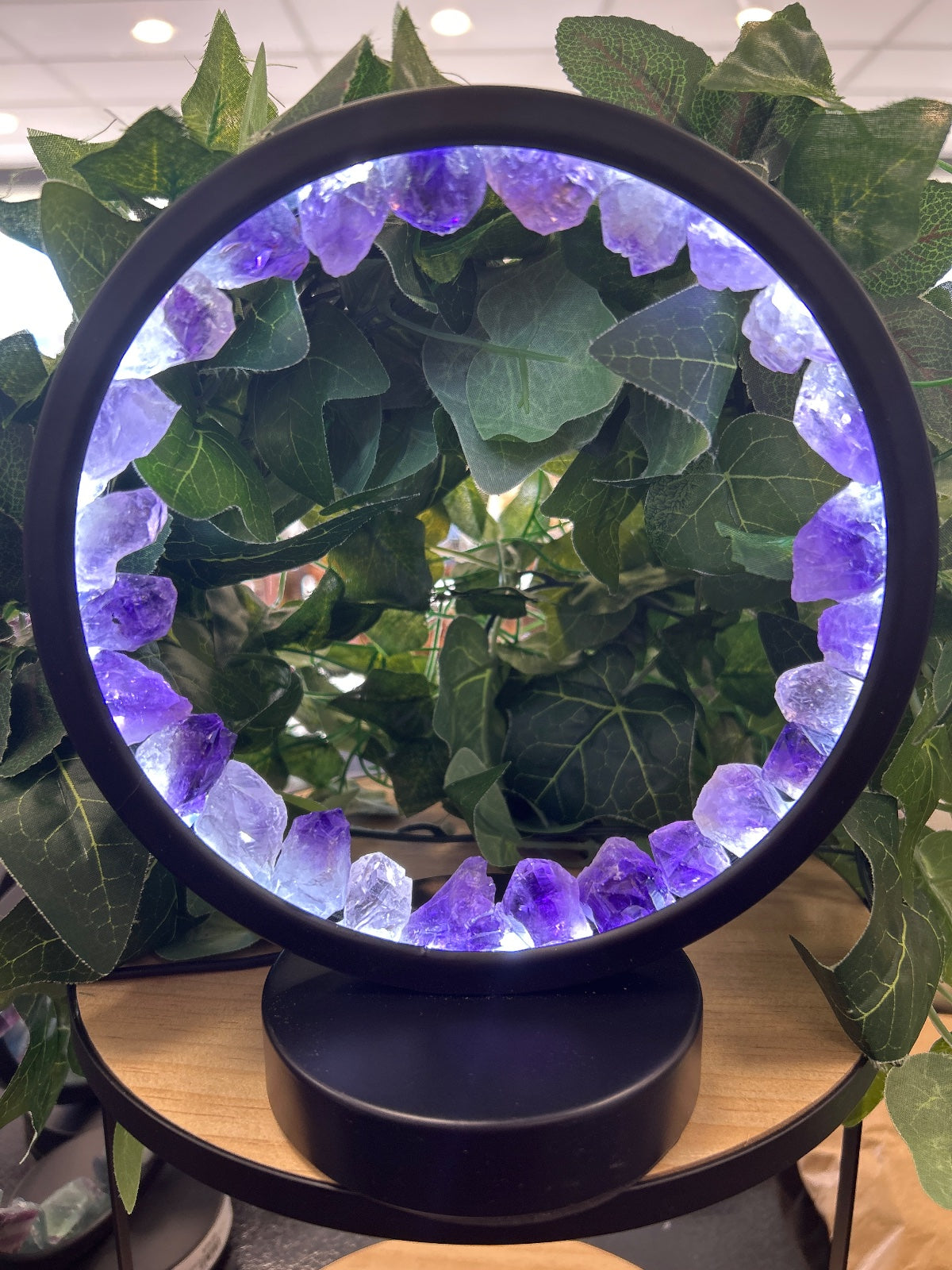 Black circular LED lamp with purple amethyst crystals around the rim, surrounded by living green plant foliage.