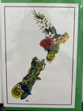 Illustrated greeting card featuring a curled fern frond with small white flowers, red bottlebrush blooms, yellow flowers, and two native birds