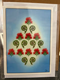 Greeting card featuring a Christmas tree made of red flowers and green spiral fern fronds on a blue background