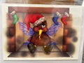 Illustrated kiwi bird wearing a red Santa hat and purple fairy wings, sitting in front of five colorful Christmas stockings.
