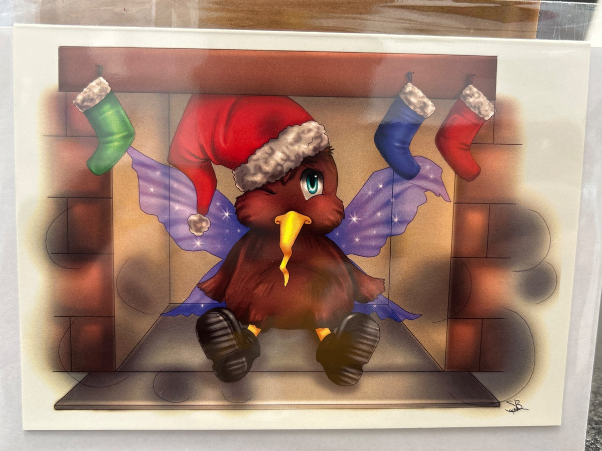 Illustrated kiwi bird wearing a red Santa hat and purple fairy wings, sitting in front of five colorful Christmas stockings.