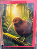 Kiwi bird illustration on greeting card, brown plumage, long beak, forest setting with ferns and golden sunlight