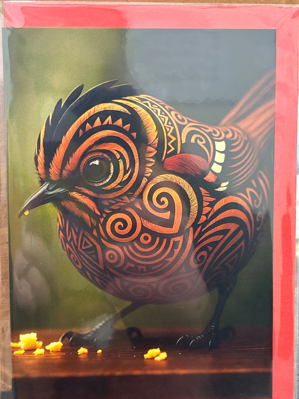 Fantail greeting card with Māori geometric patterns in orange, gold, and black on a gradient background