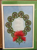Greeting card with ten green spiral koru arranged in a circle around a bright red bottlebrush flower on a light blue background.