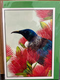A tui bird with iridescent blue-black plumage and white chest feathers among red pohutukawa flowers with green buds
