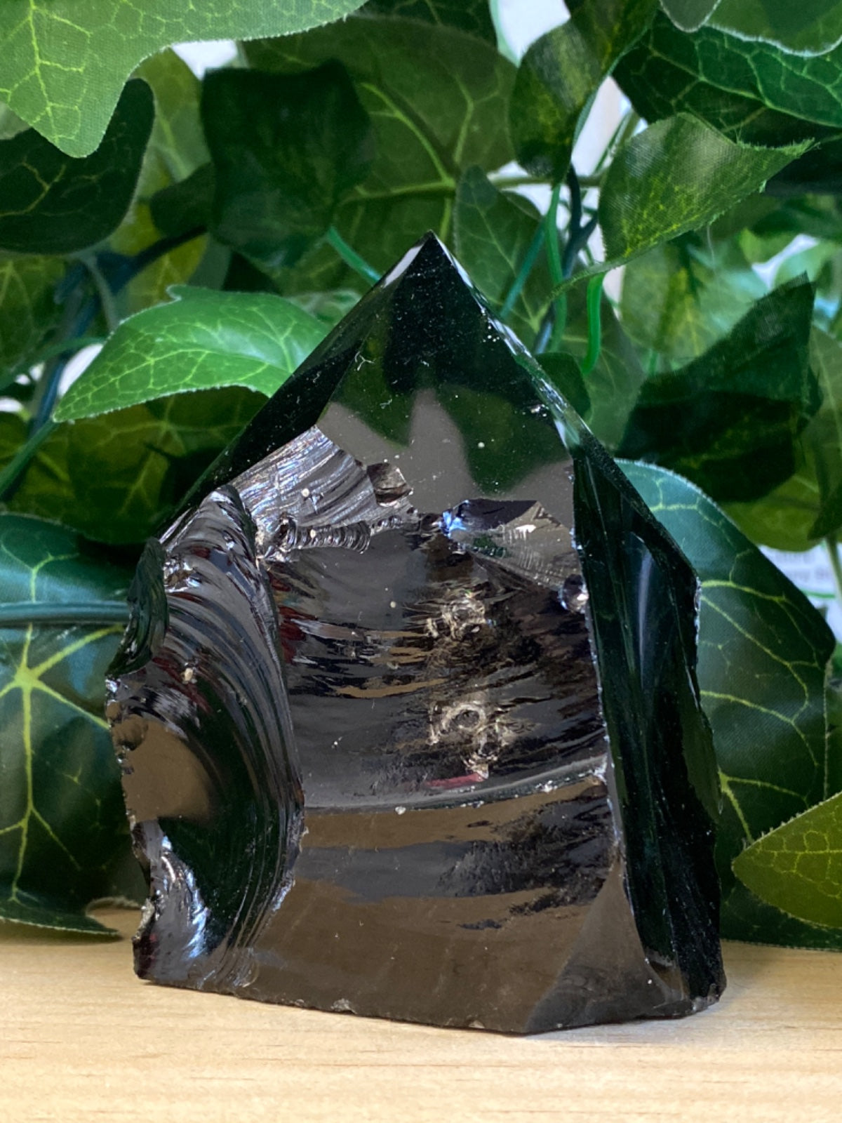 Raw black obsidian point, roughly 370g, sitting on timber with green foliage behind
