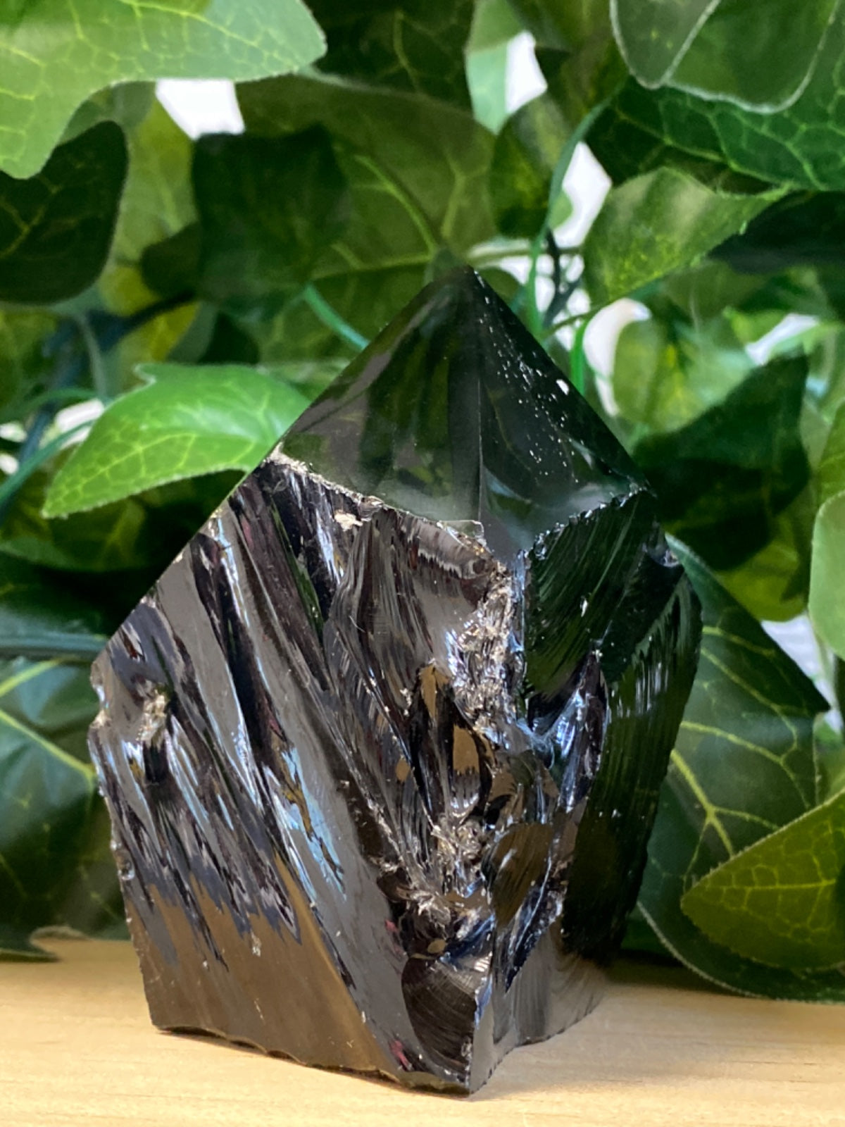 Raw black obsidian point, 378g, displayed against green leafy plants on wooden surface