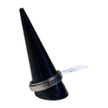 Silver fidget ring on black cone display stand with white tag