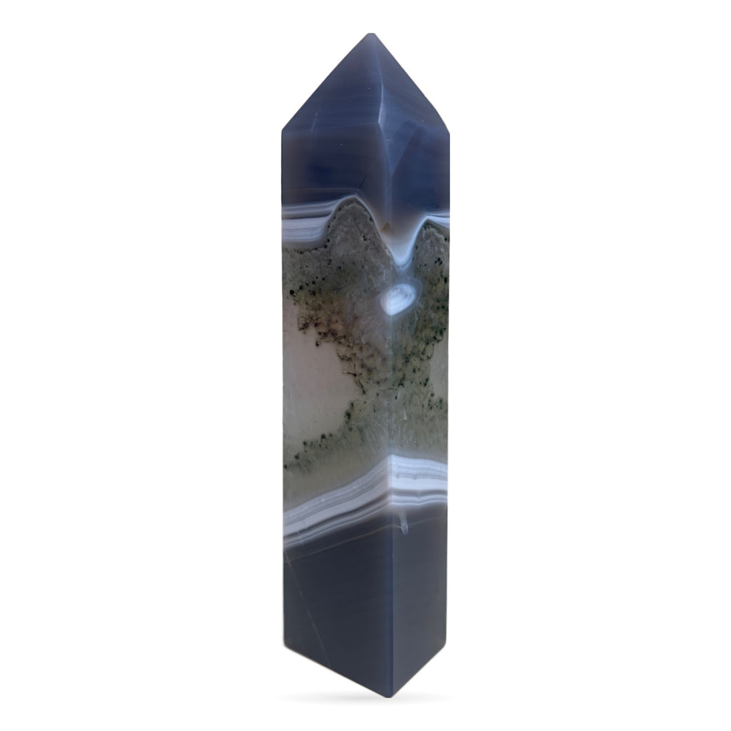 Moss Agate Tower 16.8cm - tall pointed crystal with natural brown and grey banding patterns